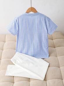 两件套男童夏季立领休闲百搭衬衫搭配纯色简约口袋裤套装，适合日常穿着和户外活动 - 彩色 - 查看 2