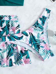 SHEIN Swim 夏日海灘3入組熱帶印花推桿比基尼和沙灘裙 - 綠色 - 查看 5