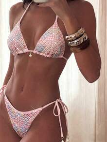 Costavie 2pcs Swimwear Set, Spring/Summer Beach Vacation, Sequin Textured Fabric, Pearl Decor Halter Triangle Top And Side Tie Bottoms Sexy Bikini - Multicolor - View 1