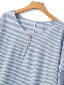 Linhara Plus Size Women's Round Neck Casual Cotton Light Blue Short Sleeve Comfortable Design Blouse,Suitable For Daily, Spring/Summer Formal Vacation - Blue - View 5