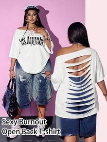 Maweii Plus Size Women's Rave Backless Ripped Letter Print Oblique Shoulder White T-Shirt, Casual For None, Back-To-School Daily Wear Date Night Summer - White - View 1