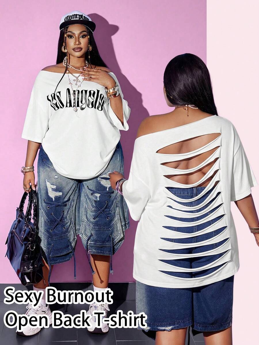 Maweii Plus Size Women's Rave Backless Ripped Letter Print Oblique Shoulder White T-Shirt, Casual For None, Back-To-School Daily Wear Date Night Summer - White - View 1