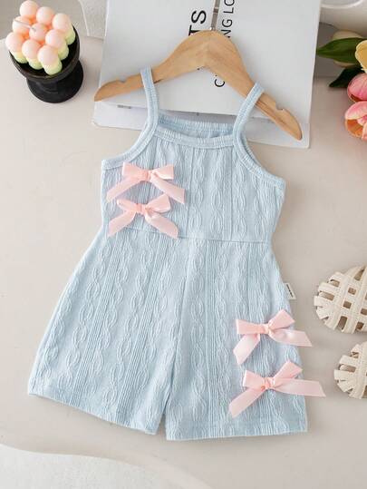 SHEIN Playful Pals Baby Girls' Casual Sleeveless Elastic Waist Short Jumpsuit, Textured Fabric With Bow Decor, Pink, Summer