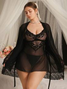 DelicateAllure 三件套：连衣裙+丁字裤+睡袍，网纱蕾丝拼接，透视，深V领，优雅魅力，精致纯真，大码睡衣 - 黑色 - 查看 4