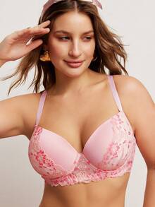 Elorette Sujetador inalámbrico con acolchado, encaje, parches y estampado floral, con alto soporte y elevación, tallas grandes - Rosa - Ver 4