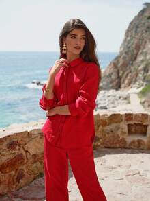 MOTF Petite CAMISA ROJA DE LINO PURO 100% LIGERA Y TRANSPIRABLE PARA VACACIONES DE VERANO CON DETALLES DE ENCAJE CALADO - Rojo - Ver 7