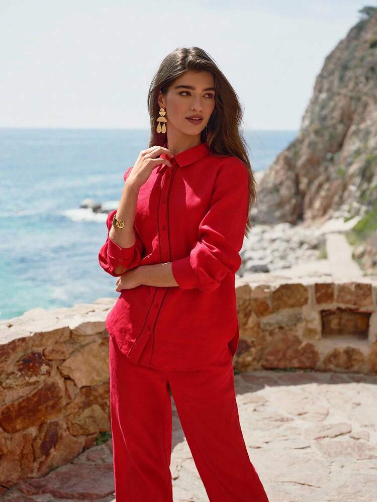 SUMMER LIGHTWEIGHT VACATION LACE HOLLOW DETAIL 100% PURE LINEN RED SHIRT