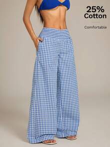 SHEIN PETITE Women's Casual Daily Drawstring Waist Plaid Wide Leg Pants - Blue and White - View 7