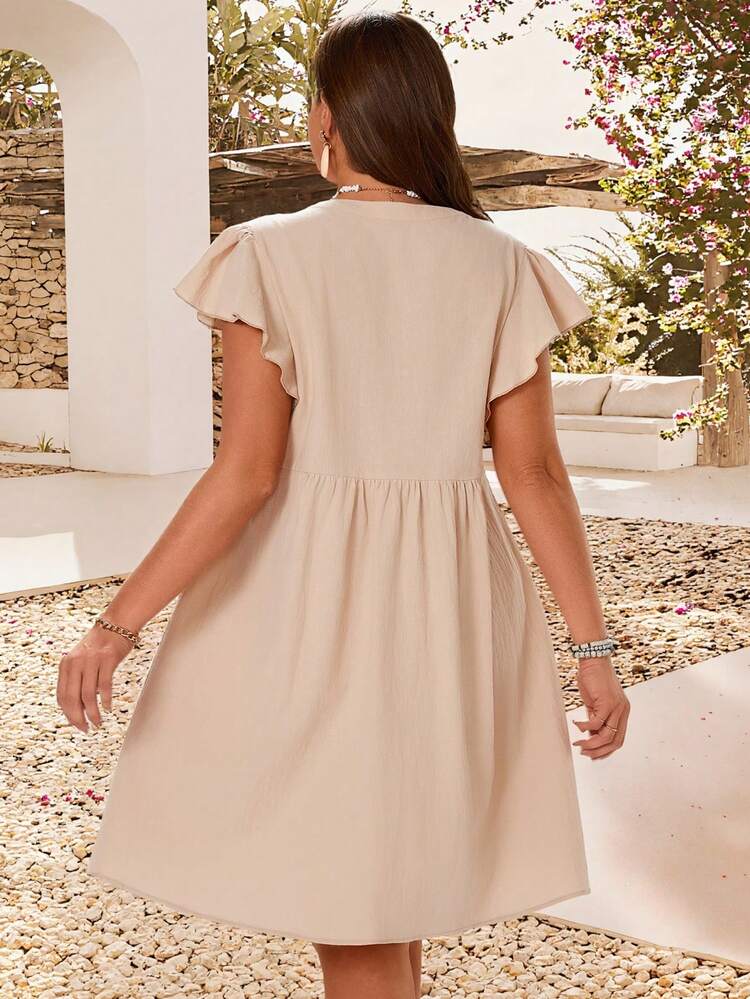 Plus Size Women Summer Casual Vacation Solid Color Notch Neck Ruffle Armhole Loose Dress Neutral Dresses For Women Casual Summer Dresses For Women Women Dress Quick Ship Women Dresses,Summer Outfits For Women, Vacation Outfits Women ,Summer Holiday Outfits ,Country Style For Women Zanea Dress For Woman Z9v7r Ladies Dresses Yisikado Dress