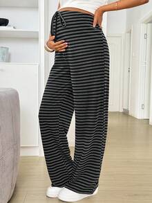 SHEIN Quần ống đứng kẻ sọc dáng rộng dành cho bà bầu - màu đen - Xem 7