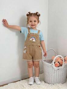 Baby Girls' Denim Overalls, Rainbow & Star Embroidery, Relaxed Fit, Comfortable Washed Denim Bib Pants - Khaki - View 5