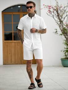 Manfinity CasualCool Men's Casual Holiday Patchwork Textured Short Sleeve Shirt And Shorts Set - Yellow - View 3
