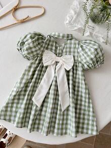 SHEIN Đầm dệt cổ bẻ kẻ caro tay cánh hoa cho bé gái - màu xanh lá - Xem 3