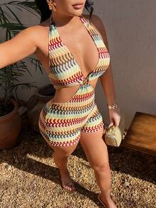SHEIN SXY 性感波西米亚风条纹露背吊带连体裤，适合海滩度假 - 彩色 - 查看 1