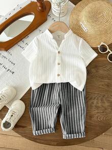 LMoss Kids 2pcs Baby Boy Woven Solid Color Collared Shirt And Pants Set - Multicolor - View 6