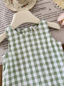 SHEIN Đầm không tay xếp bèo họa tiết kẻ caro dễ thương cho bé gái mặc đi nghỉ hè. - Nhiều màu - Xem 6