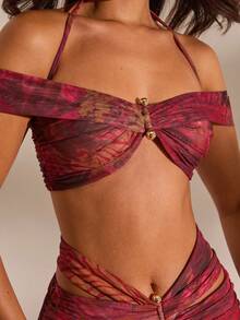 Opulessa Women's Vacation Printed Off Shoulder Cropped Sexy Halter Top - Red - View 5