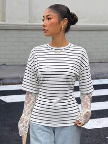Muchica Women's Striped Knit Round Neck 2 In 1 T-Shirt - Black and White - View 5
