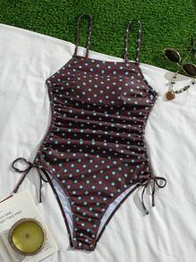 Swim Mod 女士休闲复古时尚沙滩度假户外夏季性感百搭波点/经典圆点随机印花系带露背修身连体泳衣，适合春假、返校季、假期、春季海滩度假 - 彩色 - 查看 6