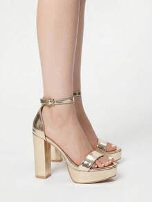 ROMWE Grunge Punk Sandalias de plataforma con tacón alto y resistentes al agua para mujer, zapatos de tacón alto elegantes y de moda para pasarela de verano - Dorado - Ver 4