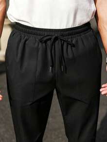 Manfinity Homme Men's Solid Color Drawstring Waist Casual Versatile Daily Wear Pants - Black - View 4