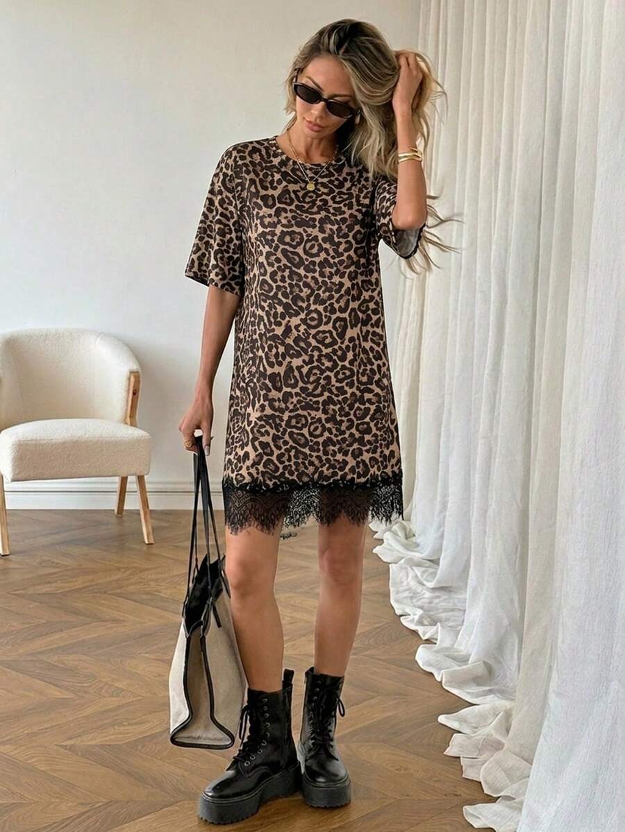 Easowa 女士时尚百搭豹纹蕾丝下摆拼接连衣裙