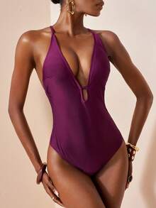 Zivah Elegant One-Piece Swimsuit With Beaded Backless Design,Purple Summer Boho Beach Holiday,Holiday Pool Party,Dark Purple Anti-Exposure Design Swimwear - Purple - View 4