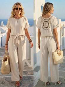 SHEIN LUNE Conjunto de camisa y pantalones casuales de vacaciones para mujer - Caqui - Ver 3