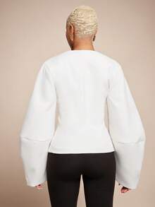 Vixey Áo blazer tay phồng dáng kén, chất liệu dệt thô, cài một nút. - trắng - Xem 2