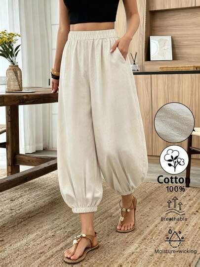 EMERY ROSE Quần lửng dáng rộng, cạp chun co giãn, có túi, chất liệu cotton 100%, màu trơn, họa tiết nổi bật, thoải mái với gấu quần bo chun, kiểu dáng thanh lịch và trẻ trung, thích hợp mặc hàng ngày cho nữ.