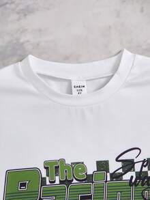 SHEIN Streecool Kids 2件套男童休闲宽松印花T恤和褶皱工装裤套装，适合日常、通勤、休闲、度假、街头穿着。 - 軍綠色 - 查看 3
