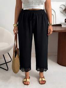 Ceyna Pantalones de talla grande con textura y ribete de encaje de unicolor - Negro - Ver 4