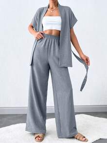 SHEIN Tall 女款夏季純色蝙蝠袖打結腰夾克與長褲休閒套裝，適合高個女性 - 淺灰色 - 查看 4
