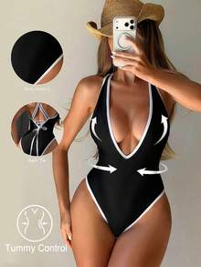 Shapewave Traje de baño de una pieza sexy y ajustado con cuello en V de unicolor, contraste y espalda descubierta con lazo, para mujer, verano - Blanco y Negro - Ver 1