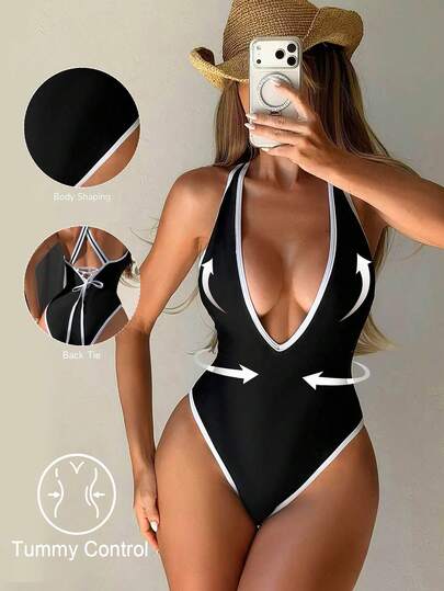 Shapewave Traje de baño de una pieza sexy y ajustado con cuello en V de unicolor, contraste y espalda descubierta con lazo, para mujer, verano