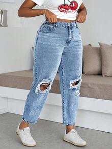 Dripcurv Quần jeans nữ cỡ lớn cạp cao, có túi, kiểu dáng thường ngày, rách nhẹ. - Rửa nhẹ - Xem 5