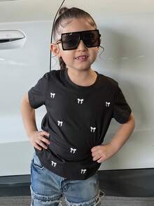Dazy Kids Camiseta básica de manga corta para niñas (talla pequeña) con patrón de bordado de lazo - Negro - Ver 5