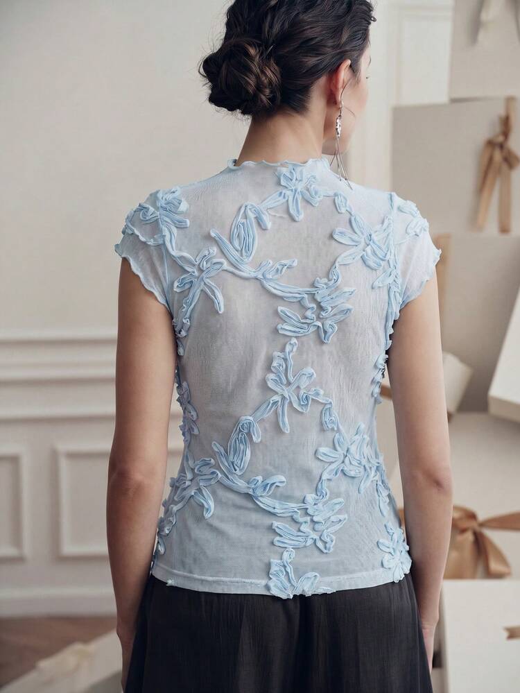 Elegant Brown Floral Lace Mock Neck Sheer Short Sleeve Blouse For Women