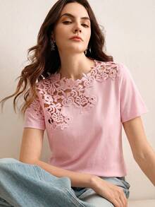 Anewsta Pink T-Shirt With Lace Embroidery Patchwork Hollow-Out Design, Unique Aesthetic Short Sleeve Top, Suitable For Valentine's Day, Summer Beach, New Year - Pink - View 3