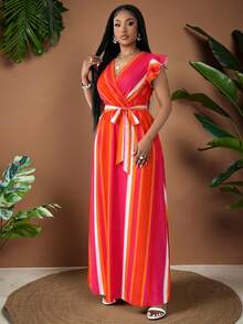 Maweii 大码女式V领收腰喇叭连衣裙，蝴蝶袖配腰带，黑白竖条纹连衣裙 - 紅色 - 查看 5