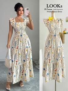 SHEIN Clasi Summer Fashionable Casual Vacation French Retro Elegant Romantic Commuting Square Neck Printed Dress - Apricot - View 1