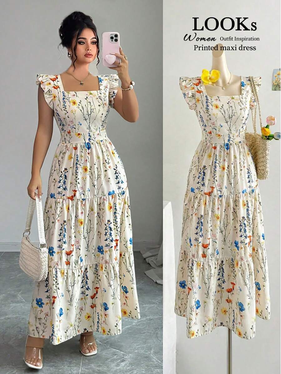 SHEIN Clasi Summer Fashionable Casual Vacation French Retro Elegant Romantic Commuting Square Neck Printed Dress - Apricot - View 1