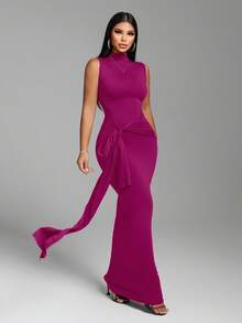Zolique Vestido largo y sexy con cuello alto y lazo delantero para mujer - Rosa Fucsia - Ver 3
