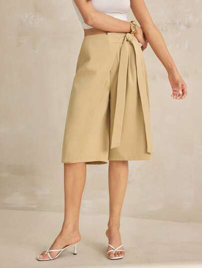SHEIN Tall Women's Sexy Casual Solid Color Tailored Wrap Wide Leg Trousers Bermuda Shorts With Tie Detail