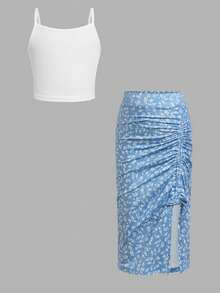 SHEIN 2件套女童纯色针织吊带背心和碎花裙套装 - 白色 - 查看 9