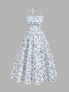 SHEIN MOD Vestido de verano con estampado floral, busto fruncido y cintura con lazo para mujer talla grande - Azul y blanco - Ver 5