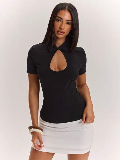 SHEIN BAE Áo kiểu nữ màu đen ôm sát, gợi cảm, thanh lịch, khoét eo, thời trang, thích hợp mặc ngoài trời, đi làm, đi ăn trưa, mặc thường ngày, kiểu áo cơ bản đa năng, phù hợp cho mọi mùa.