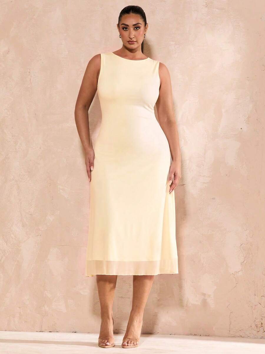 SHEIN BAE Đầm dệt kim dáng chữ A dài ngang gối màu đen lưới thanh lịch dành cho nữ cỡ lớn, phù hợp cho lễ tốt nghiệp, đám cưới, phong cách Pháp, dạ hội, tiệc sinh nhật, phù dâu, đầm mặc hàng ngày thanh lịch tối giản, đầm cưới, đầm phù dâu, đầm dự tiệc cocktail. - Màu be - Xem 1