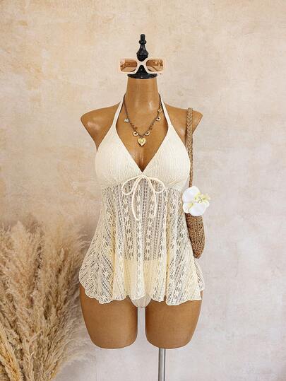 Swim Vcay Bộ bikini hai mảnh cỡ lớn dành cho nữ năm 2026, chất liệu ren hoa, kiểu dáng dây mảnh, quần tam giác, thích hợp mặc đi biển và nghỉ dưỡng.