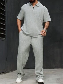 Manfinity Homme Setelan Kasual Pria Ukuran Besar: Kemeja Polo Lengan Pendek Warna Polos dan Celana Panjang - Grey - View 4
